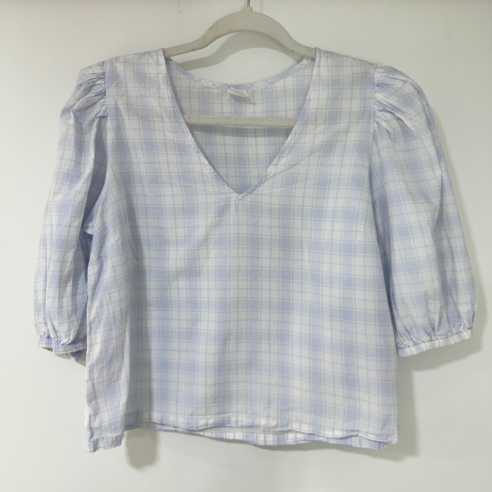 Melrose and Market Plaid Puff Sleeve Blouse Womens Small Blue Cotton Cottagecore